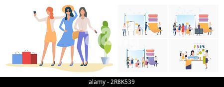 Set of dressmakers sewing clothes in sewing studio Stock Vector