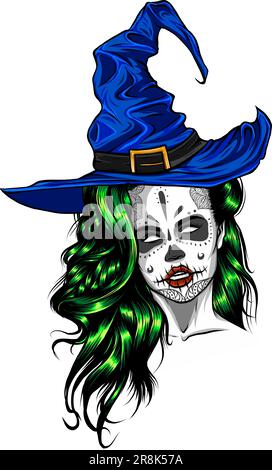 beautiful witch in a classic hat and coloured hair Stock Vector