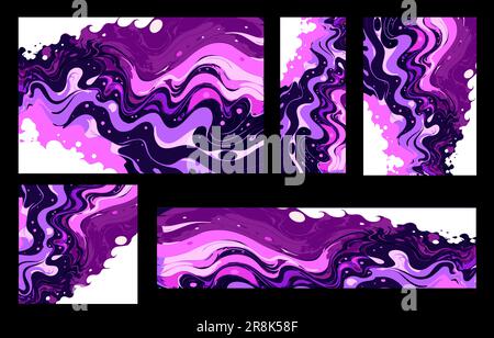 Abstract background from the texture of the flowing paint magenta, pink, lilac and violet colors. Set of different formats A4, rectangle, square, bann Stock Vector