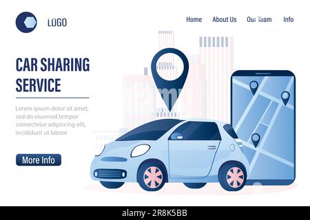 Car sharing service background template. Landing page with vehicle for a short time. Modern car and smartphone with app. Website page concept. Trendy Stock Vector