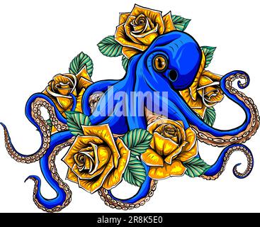 octopus with red roses vector illustration design digital draw Stock Vector