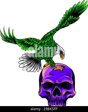 vector illustration of Eagle on human Skull hand draw Stock Vector