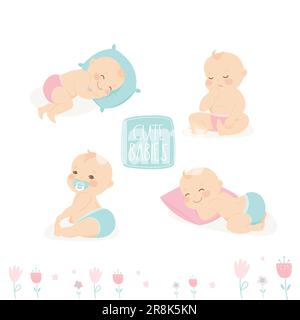Set of cute infant babies. Cartoon newborn baby in various poses ...