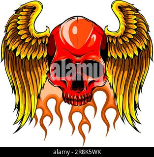 vector illustration of skull with wings and fire on white background. digital hand draw Stock Vector