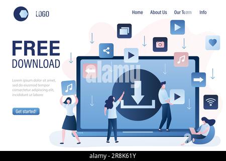 Free download landing page template. Background with upload sign on laptop screen. Torrent data piracy from servers. File transfer and sharing concept Stock Vector