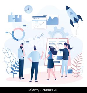 Business presentation and discussion in modern office. New startup development.Teamwork and business incubator. Human characters in trendy style. Vect Stock Vector