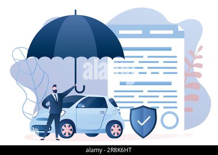 Car insurance concept. Businessman hold umbrella, modern car with agreement. Warranty and shield symbol that guards vehicle from accident,damage or co Stock Vector