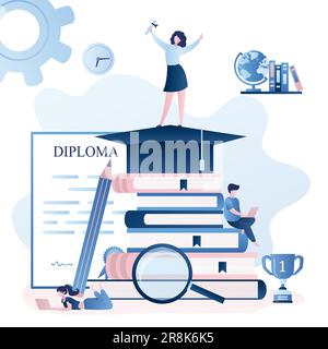 Education process concept background.Pile of books,diploma and students with laptops. Happy girl university graduate standing on big graduate hat. Tre Stock Vector
