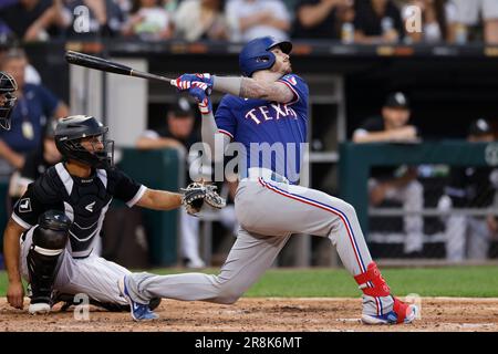 CHICAGO, IL - JUNE 20: Texas Rangers first baseman Nathaniel Lowe (30)  looks on during an MLB game against the Chicago White Sox on June 20, 2023  at Guaranteed Rate Field in