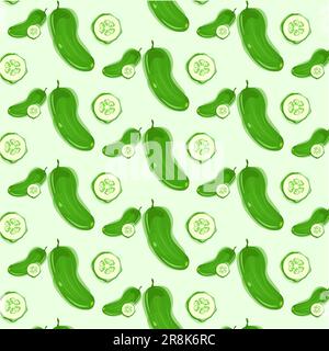 Vector drawing of a green whole cucumber and slice with highlights and shadows in watercolor style on a light background. Stock Vector