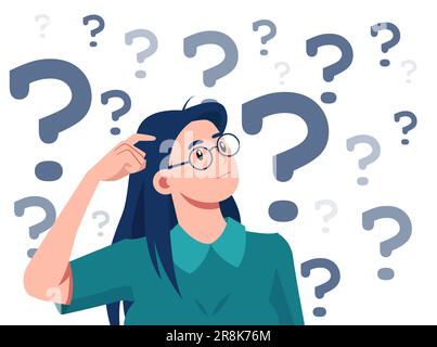 Vector of a confused thinking young woman bewildered scratching head seeks a solution looking up at many question marks Stock Vector
