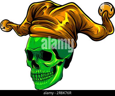 jester skull in fools cap. Vector illustration in engraving tattoo style. Stock Vector