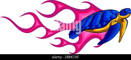 Fast turtles in flame set. Funny racing tortoise cartoon on black ...