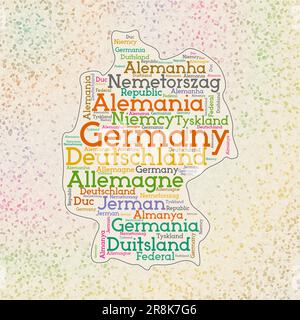 Word Map German Word cloud in a shape of Germany contains large german cities. Black ...