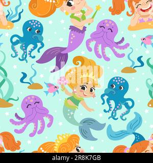 Seamless childish pattern with cute joyful mermaids and octopus in underwater world. Vector illustration. Creative kids texture for design, print, lin Stock Vector