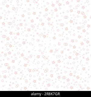Cute seamless pattern with pink hearts, bubbles and stars. Vector illustration isolated on white background. Flat style. Texture for design, print, li Stock Vector