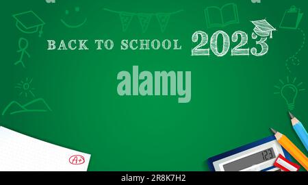 Back to school 2023 poster with pencils, student test and calculator on green blackboard background. Vector illustration Stock Vector