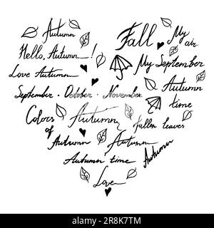 Autumn word phrase italic lettering typographic heart shaped ink hand drawn monochrome black and white art vector set. Stock Vector