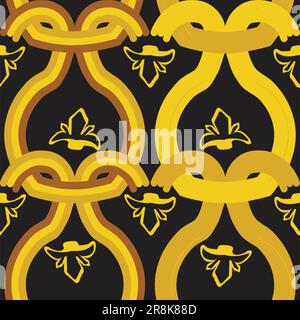 Geometric shapes that hang in a chain and a bud ornament with black background illustration; Abstract decoration seamless pattern Stock Vector