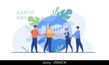 People walking around globe and holding each other by hands Stock Vector