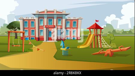 Vector cartoon style illustration. School building with kids play area infront. Stock Vector