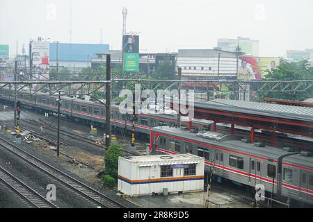 railroad track, train station bekasi, view from above, on a sunny day Stock Photo