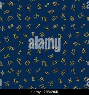 Seamless pattern of yellow zodiac signs on a dark blue background. Vector illustration Stock Vector