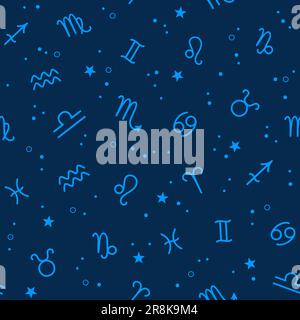 Seamless pattern of zodiac signs and stars on a dark blue background. Vector illustration in flat style Stock Vector