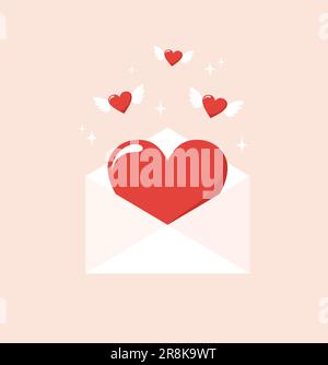 Paper envelope with red heart inside and flying winged hearts on beige background. Flat vector illustration Stock Vector