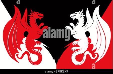 Two dragons on a white-red-black background. Vector image. Stock Vector