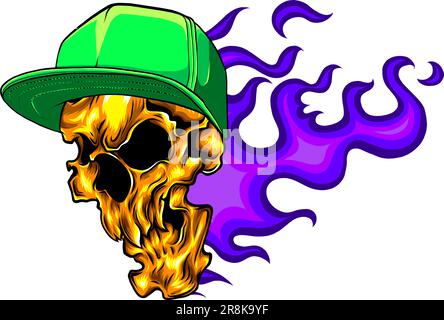 skull head with hip pop hat and flames. vector illustration of digita design Stock Vector
