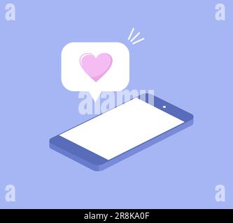 Lying isometric smartphone with like bubble on purple background. Vector illustration Stock Vector