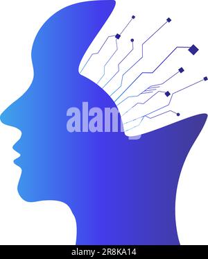 Modern background metaphor of artificial intelligence, modern technologies, robots, man with technical elements in his head. Concept of technology Stock Vector