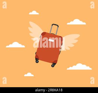 Winged flying luggage and clouds on an orange background. Vector illustration in flat style Stock Vector
