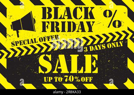 Black friday Sale background. Web banner or target ad template with loudspeaker and text. Black and yellow poster grunge style. Vector illustration Stock Vector