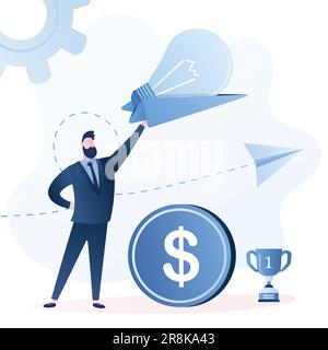 Handsome businessman launches paper airplane with idea bulb. Business coach, teacher or tutor. Business education or courses. Handsome male character Stock Vector