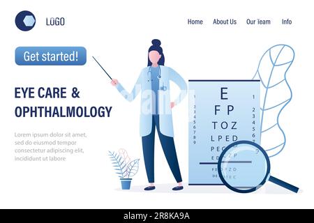 Ophthalmology Diagnostics and Eye Test landing page template Eye test chart. Vision test. Optical exam. Healthy sigh. Medical care concept. Female ocu Stock Vector