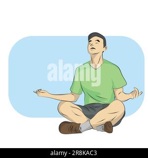 line art focused man sitting on floor meditating relaxation with copy space illustration vector hand drawn isolated on white background Stock Vector