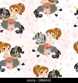 Seamless childish pattern with cute happy mermaid on a seahorse. Vector illustration flat style. Creative kids texture for design, print, linen, fabri Stock Vector