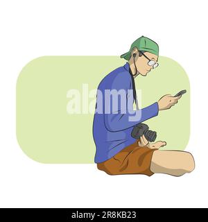 line art man using smartphone and dslr camrea illustration vector hand drawn isolated on white background Stock Vector