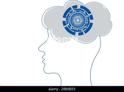 Modern background metaphor of artificial intelligence, modern technologies, robots, man with technical elements in his head. Concept of technology Stock Vector