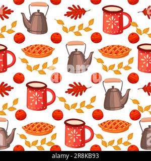 Autumn theme seamless pattern with red mug pie and kettle vector illustration Stock Vector