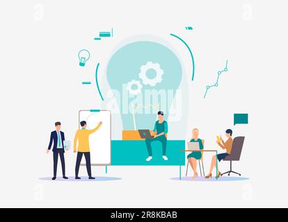 Light bulb, people discussing ideas and working Stock Vector