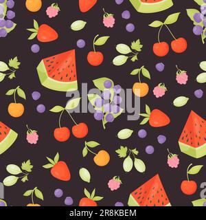 Seamless pattern with summer berries and fruits. Forest blueberries, raspberries, cherries, gooseberries with pieces of watermelon on black background Stock Vector