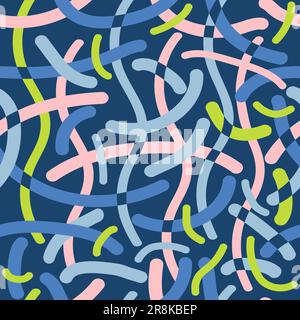 Geometric linear seamless pattern. Scattered chaotic colorful curved lines on blue background. Vector abstract illustration for wallpaper, packaging, Stock Vector