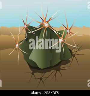 An emory's barrel cactus plant in a desert ground landscape with a blue sky. Stock Vector
