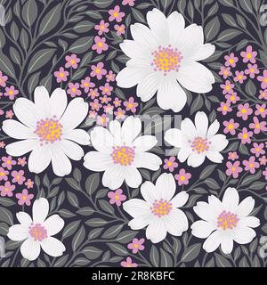 Floral Seamless Pattern of White and Pink Flowers on Dark Backdrop, Wallpaper Design for Textiles, Papers, Prints, Fashion Backgrounds, Beauty Products Stock Vector