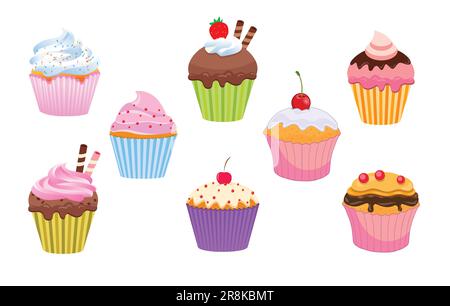 various classic cartoon yummy cupcake with cherry large set dessert cake vector isolated on white background Stock Vector