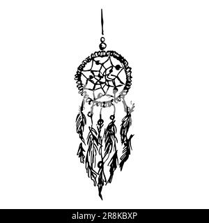 Monochrome black and white ethnic hand made feather dreamcatcher vector. Stock Vector