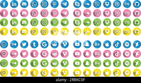 Colorful Round Social Media Icons Logos - Flat icons with Blue, Pink, Green and Yellow gradient background and shadow Stock Vector